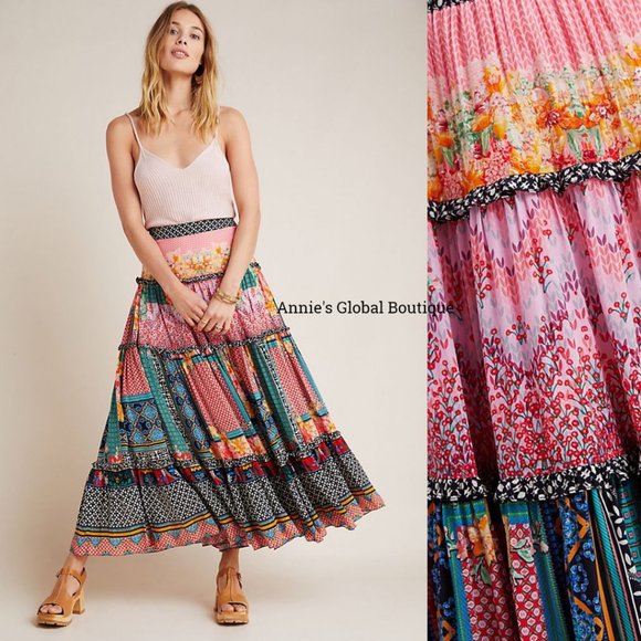 RARE NWT ANTHROPOLOGIE Bhanuni by Jyoti Celina Tiered Maxi Skirt. Size 0 - Picture 12 of 14